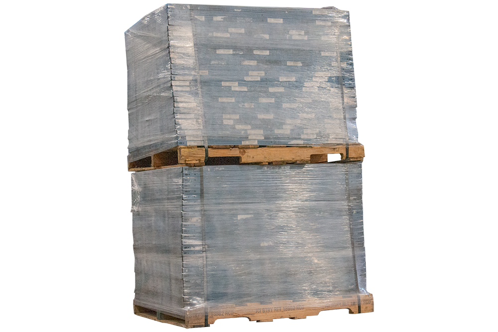 Double stacked pallet properly strapped and wrapped