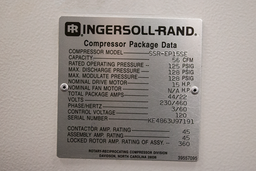 Used Ingersoll-Rand EP15SE Rotary Screw Air Compressor Specifications