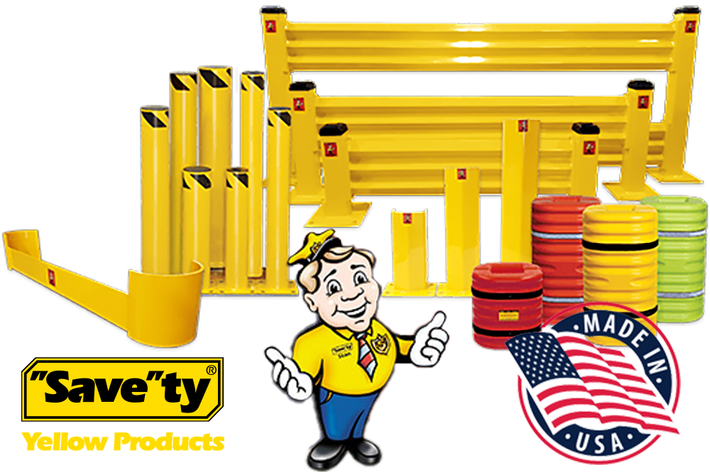 'Text: Save'ty Yellow Products - Made In USA, Image of Rack Protection Equipment Including Bollards, Guard Rail, End of Aisle Guards, Post Protectors, and Column Protectors